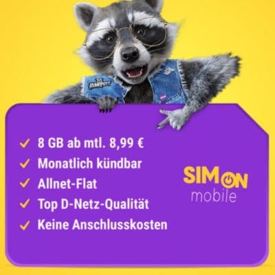 SIMon mobile 🦝 8GB Allnet-Flat im Vodafone-Netz (50 Mbit/s, mtl