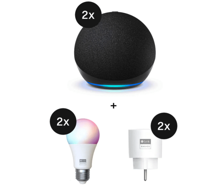 Amazon Echo Dot (5th Gen) + tink Basics White & Color Bulb E27 + Smart Plug mit Matter - 2er-Set