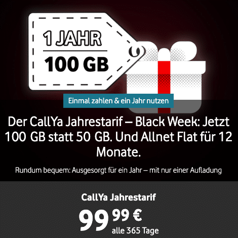 30€ Bonus 📱 100GB Allnet 8,33€ Jahrestarif o. (Vodafone MyTopDeals Min. + - SMS 99,99€ CallYa 2.400 mtl. | ins für Prepaid) EU-Netz