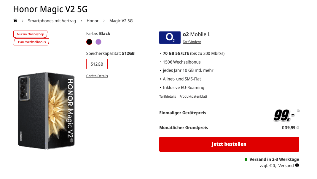 Honor Magic V2 5G + o2 Vertrag bei MediaMarkt