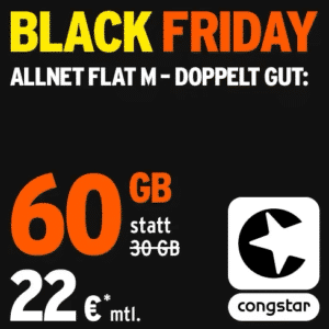 Black Friday 💥 Telekom Allnet + 60GB LTE/5G (+ 5GB p.a., bis zu 100 Mbit/s) von Congstar für 19,80€ (mtl. kündbar) + 0,00€ AG!