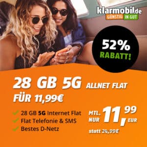 [Tarif des Jahres!] 28GB 5G TELEKOM Allnet für NUR 11,99€ mtl. + 0,00€ AG (Klarmobil im Telekom Netz)