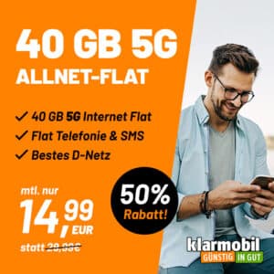 [TOP]  🔥 40GB 5G TELEKOM Allnet für NUR 14,99€ mtl. + 0,00€ AG (Klarmobil im Telekom Netz)