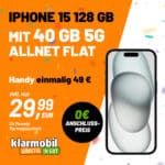 Endet! 🔥 [Vodafone + 5G] Apple iPhone 15 NUR 49,99€ + Klarmobil Allnet mit 40GB 5G für 29,99€ mtl. (keine AG!)