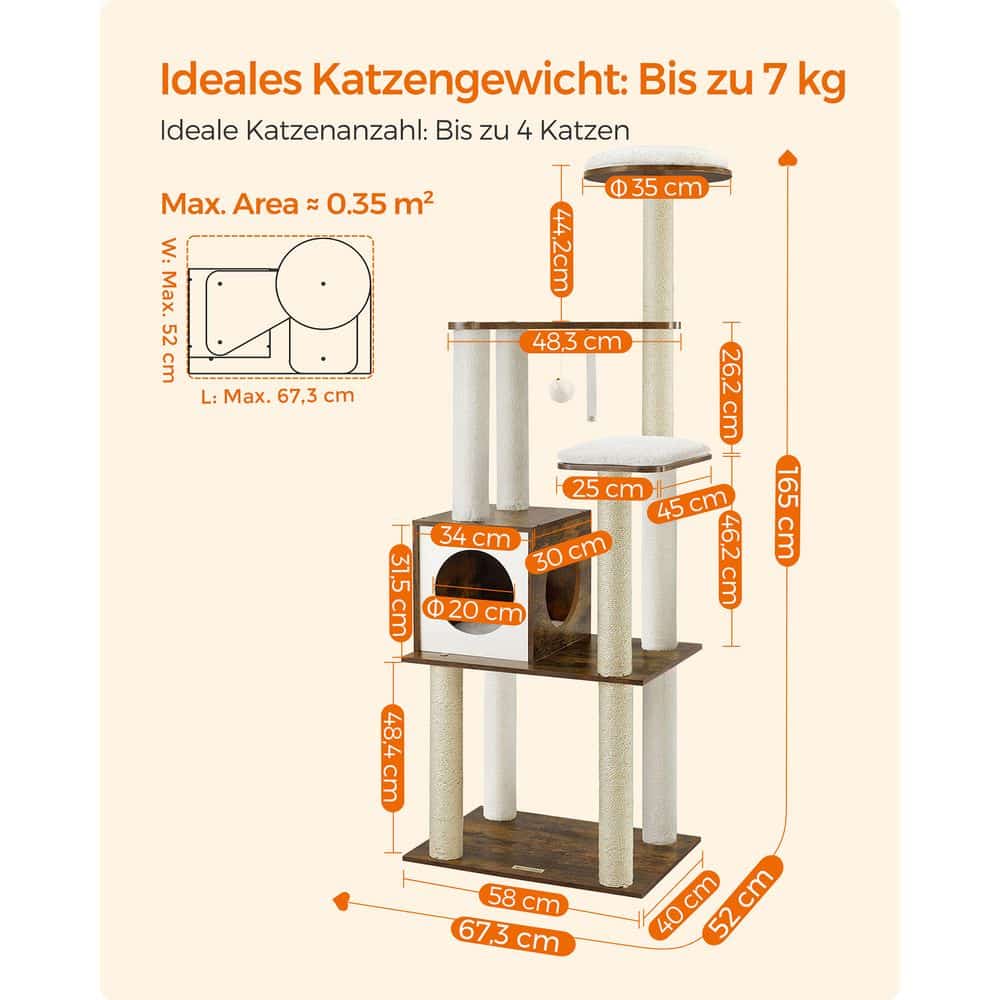 Feandrea Kratzbaum mit abnehmbaren Kissen vintagebraun, mit 3 Liegeflächen und Kuschelhöhle