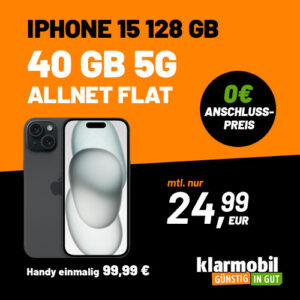 Eff. GRATIS🔥 [Vodafone + 5G] Apple iPhone 15 NUR 99,99€ + Klarmobil Allnet mit 40GB 5G für 24,99€ mtl. (keine AG!)