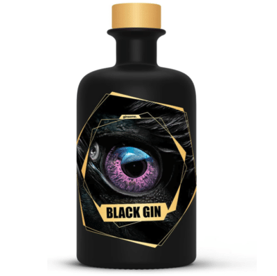 ginsome. Black Gin (Special Edition) Flasche mit großem violetten Auge auf dem Label