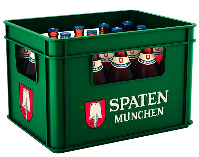 Ein grüner Bierkasten mit alkoholfreiem Spaten München Helles Bier