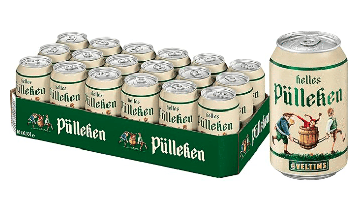 Eine Papp-Palette Pülleken Bier Dosen mit einer einzelnen Dose im Vordergrund