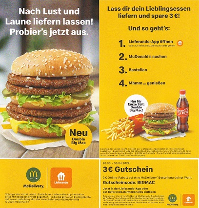 McDonalds Lieferservice: 3€ McDelivery Gutschein [ab mit Lieferando MyTopDeals 26.03.] 15€ über - MBW